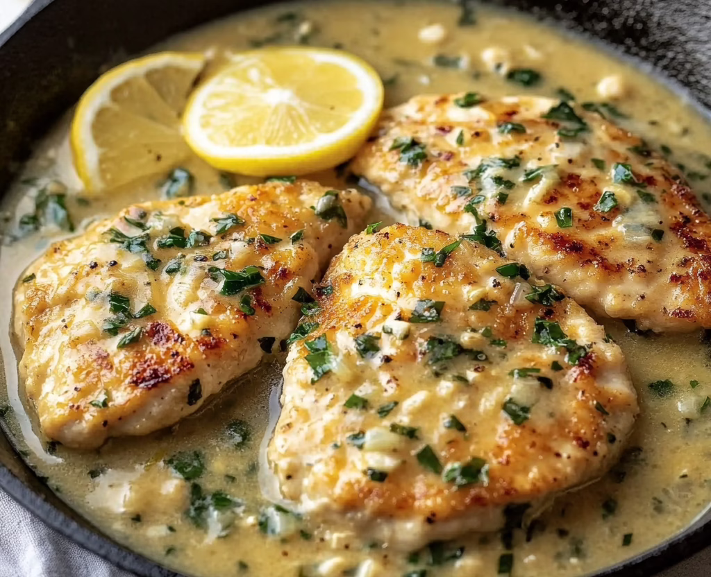 Tender chicken in a lemon caper sauce.